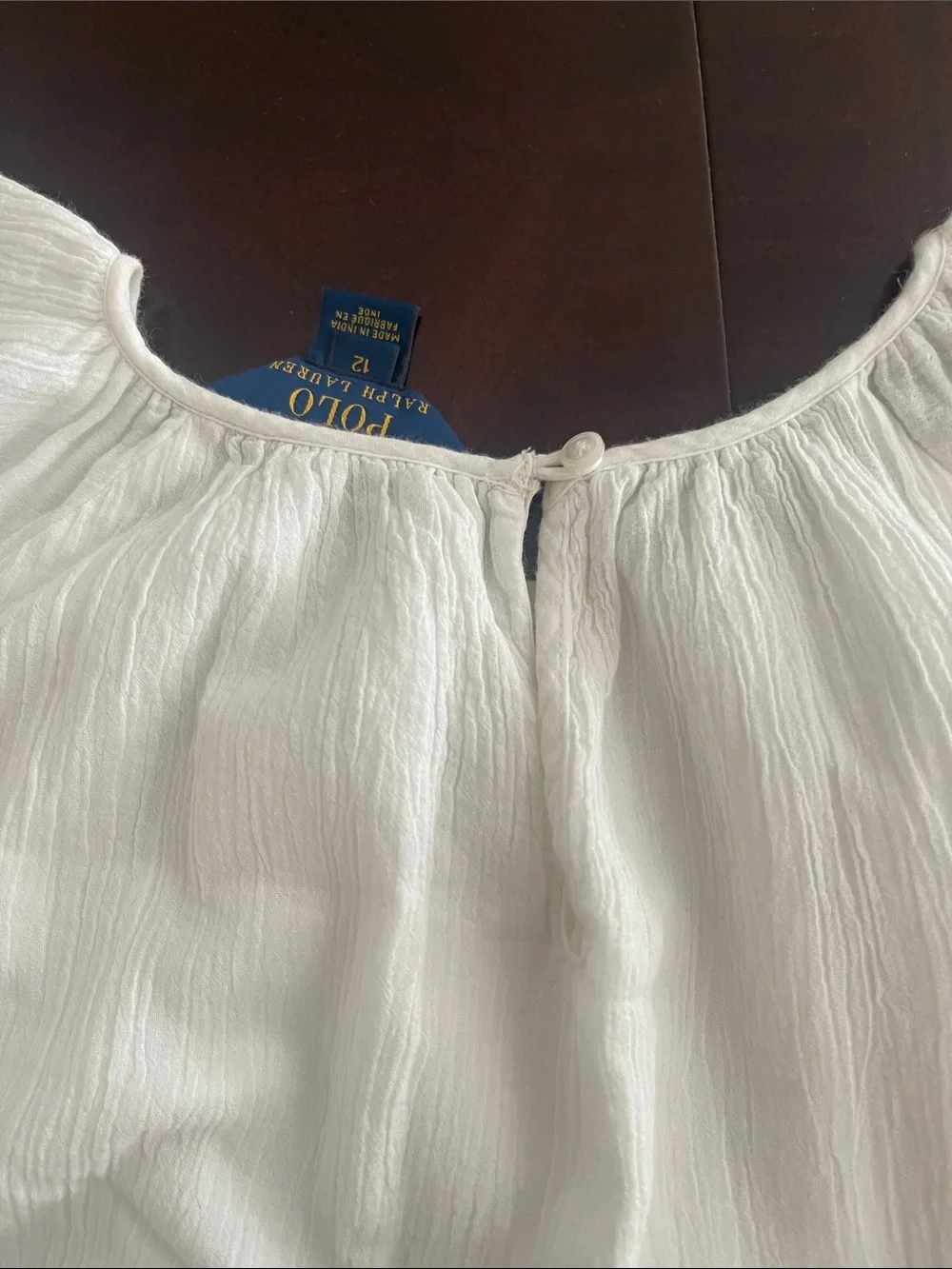 Girl’s White Flutter Sleeve Dress with Blue Trim size 10-12